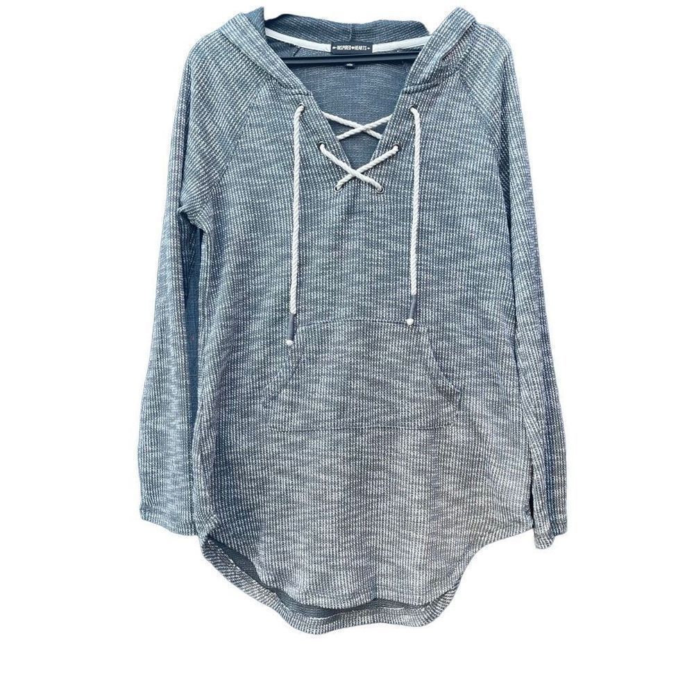 Inspired Hearts Gray Waffle Knit Relaxed Lace-Up Lightweight‎ Hoodie SZ M/L NWOT